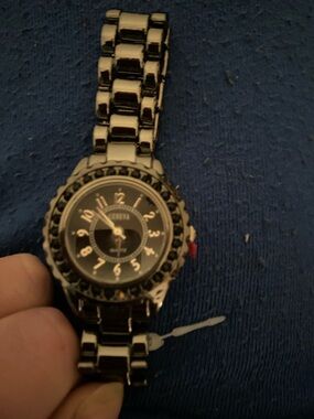 Geneva Black and Silver Link Bracelet Watch with Beveled Bezel